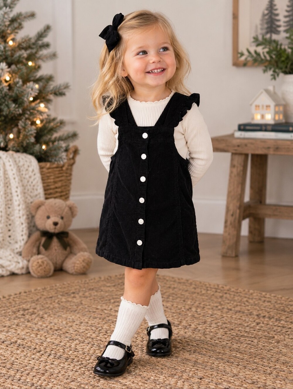 Baby Gap Black Corduroy Overall Dress 2T Ruffle Strap Pinafore Y2K Toddler